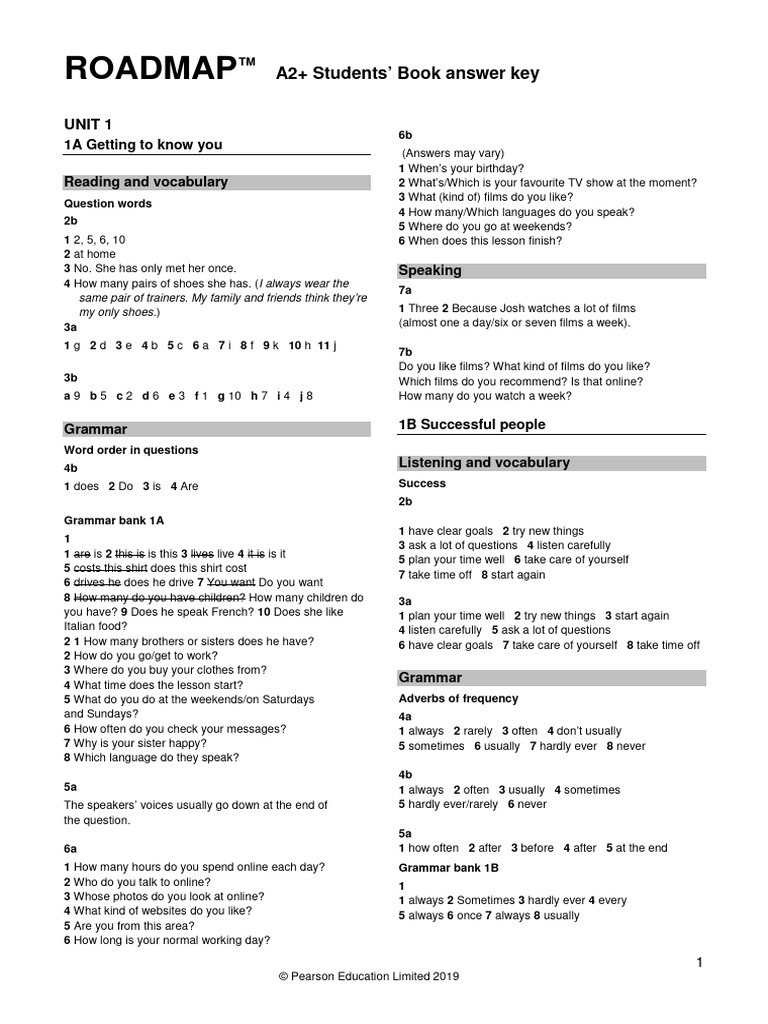 Roadmap a2 students book answer key pdf