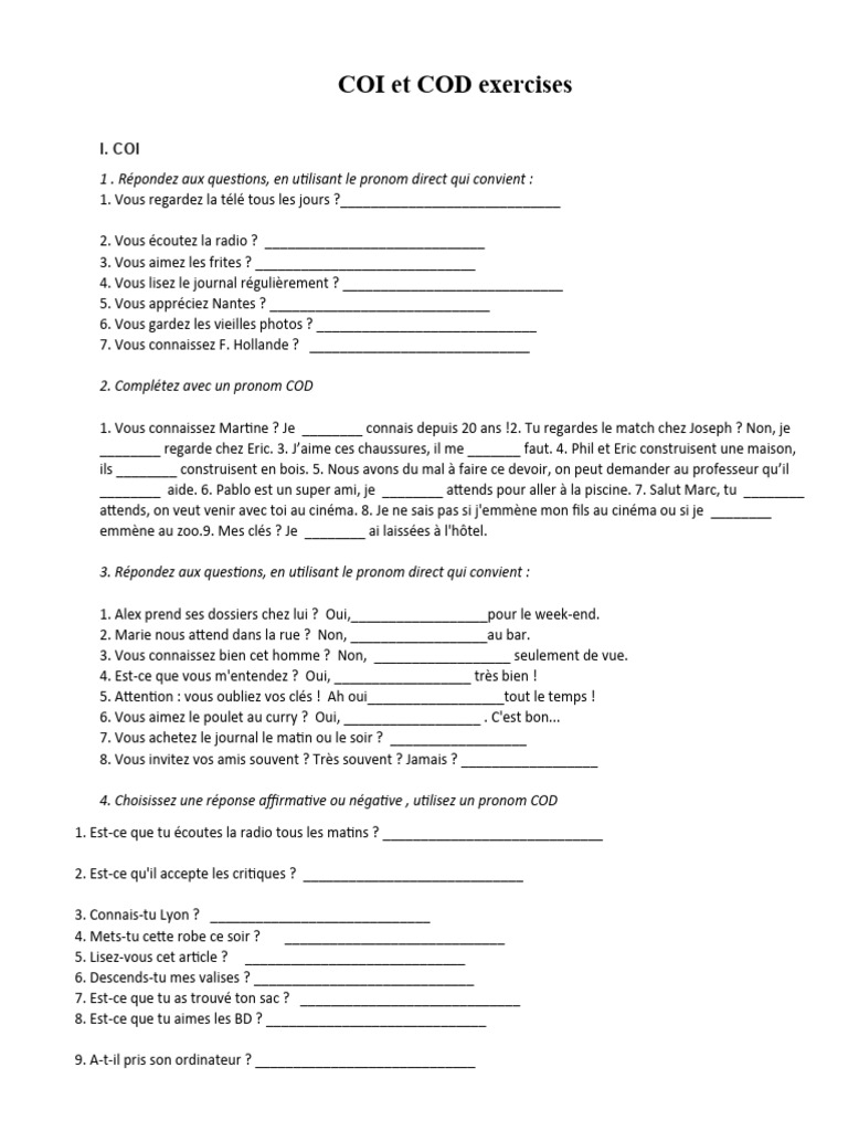 Exercices sur COD et COI en français | PDF | Maison et jardin ...