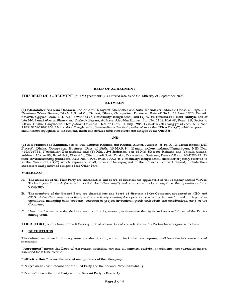 Deed of Agreement - v1 - 14.09.23 | PDF | Indemnity | Arbitration