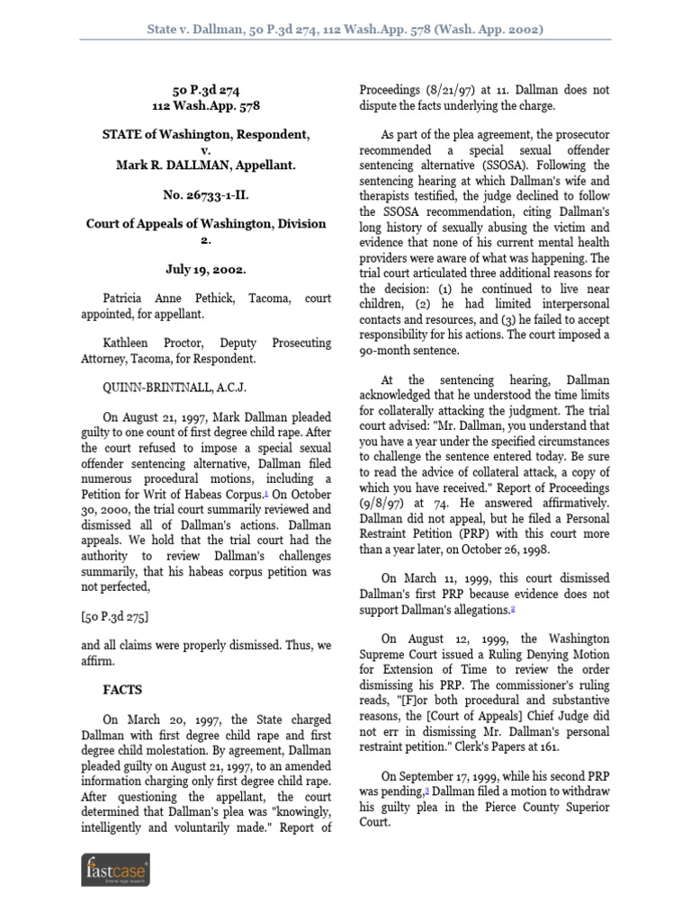 State V Dallman 50 P3d 274 112 WashApp 578 Wash App 2002 PDF Habeas