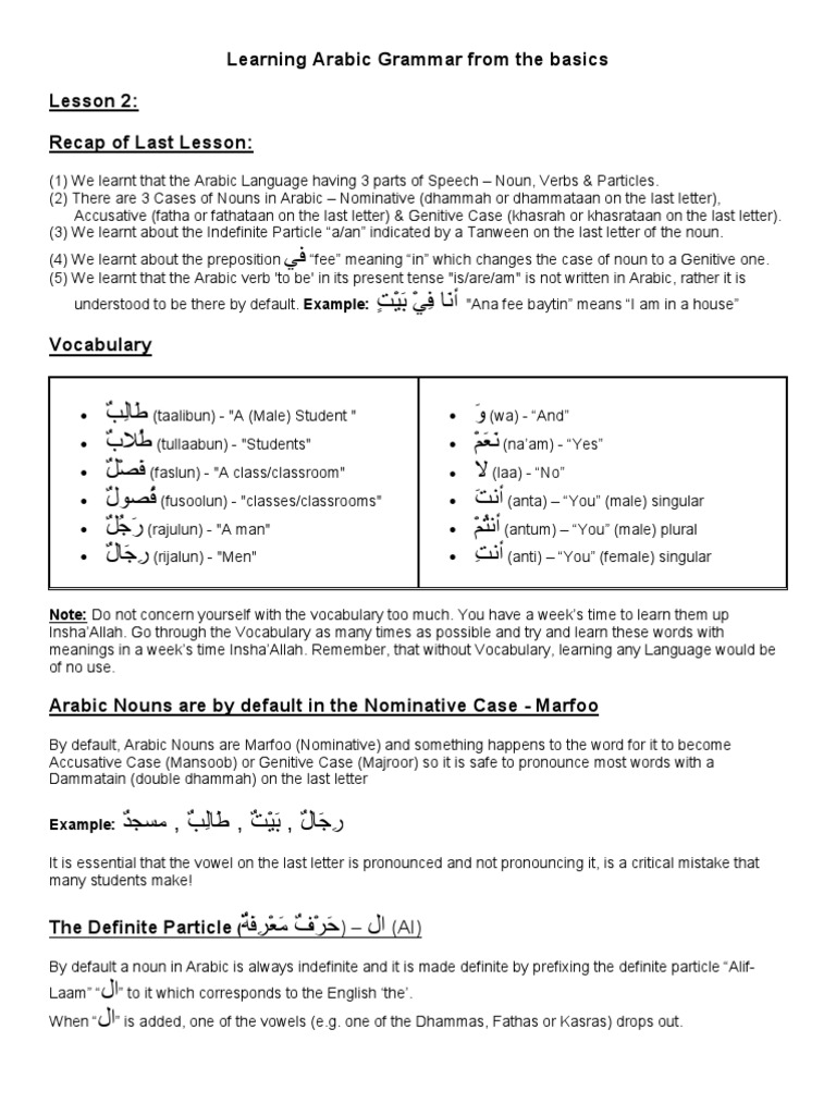 Learn Arabic Grammar - Lesson 2 | PDF | Arabic | Philology