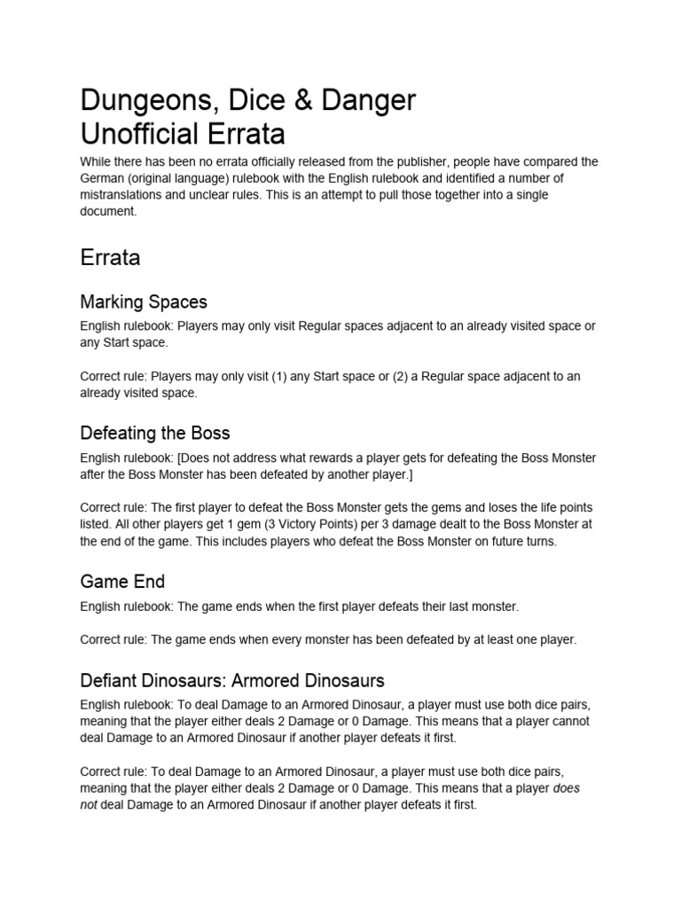 Dungeons Dice & Danger Unofficial Errata v1.0 PDF