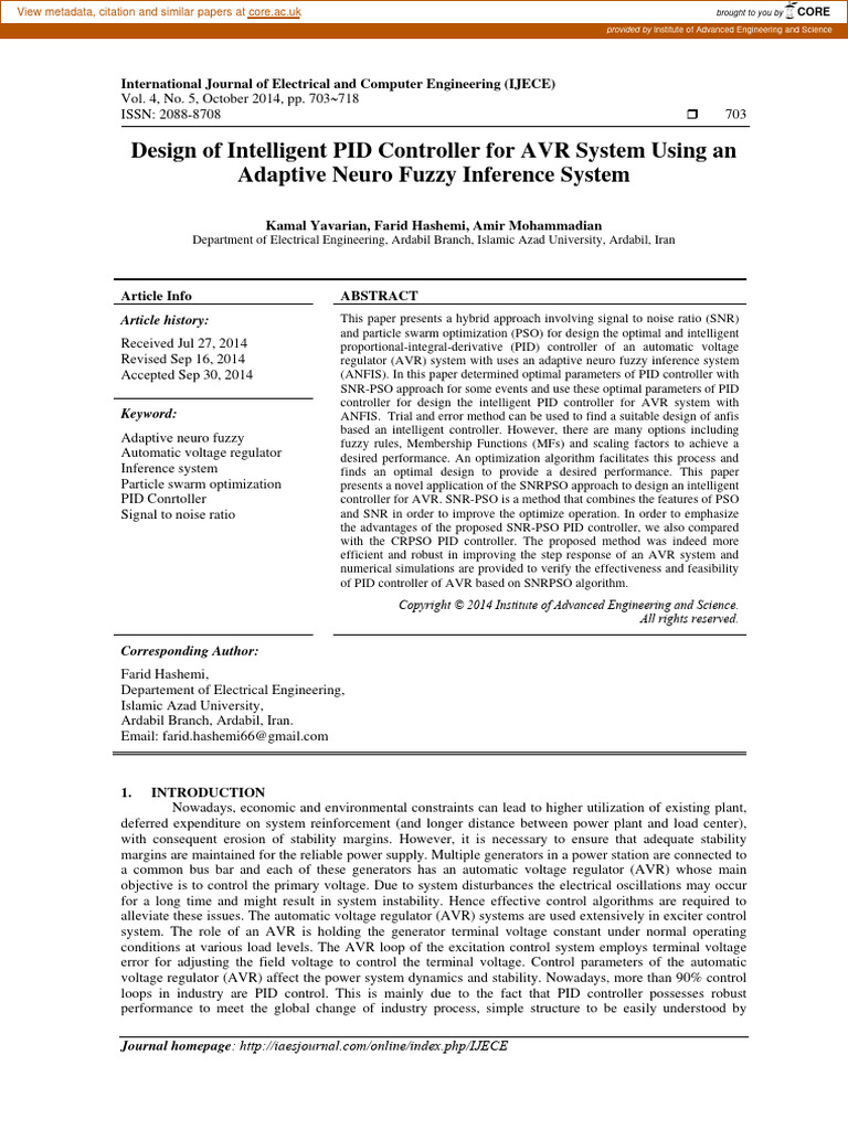 Design of Intelligent PID Controller For AVR System Using An Adaptive ...