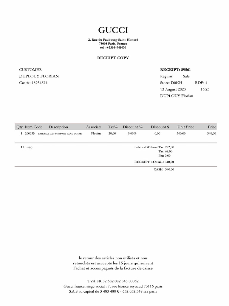 Gucci Receipt for Baseball Cap | PDF
