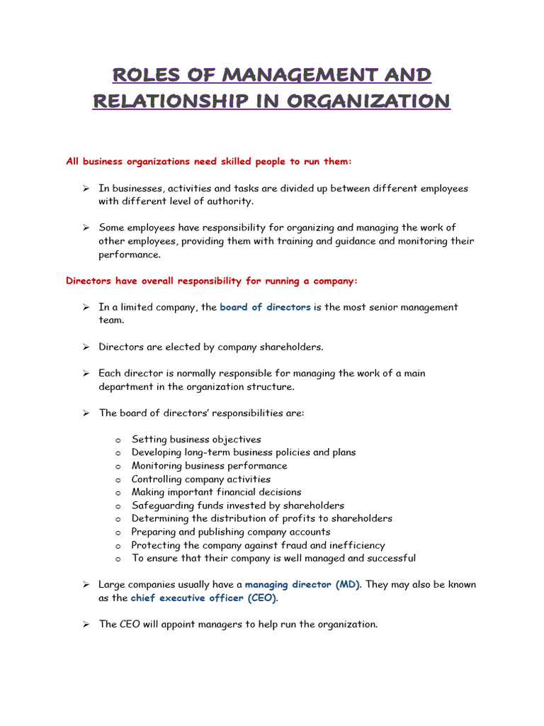 Roles and Responsibilities in Business Management | PDF