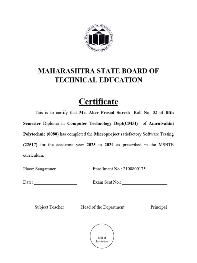MSBTE Diploma Project Completion Certificate | PDF | Technology ...
