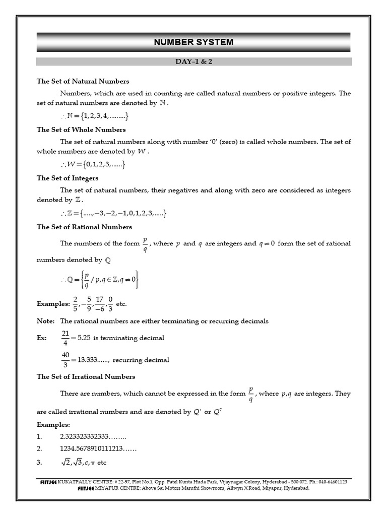 Number System - Day 1 & 2 - Bridge Course Material 2023-24 | PDF ...
