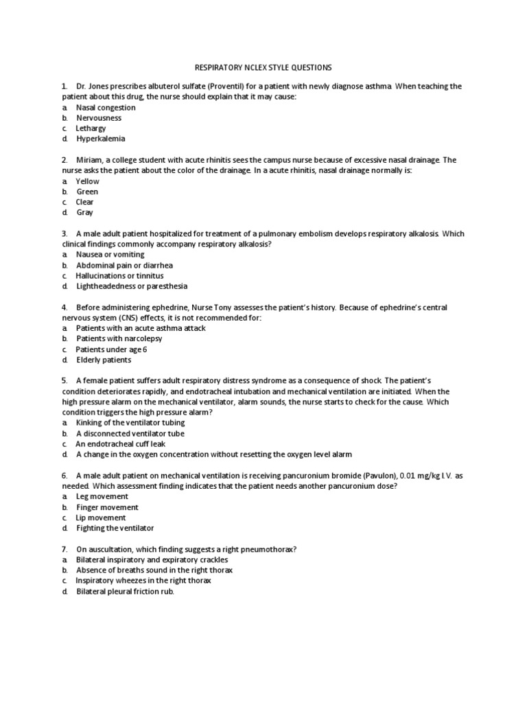 Respiratory NCLEX Practice Questions | PDF | Chronic Obstructive ...