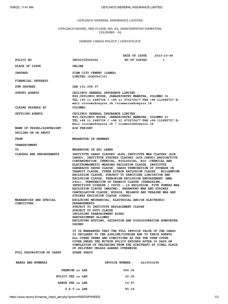 Marine Cargo Insurance Policy Details | PDF | Cargo | Insurance