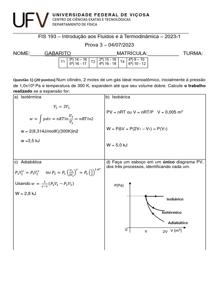 Prova 03 GABARITO | PDF | Termodinâmica | Calor
