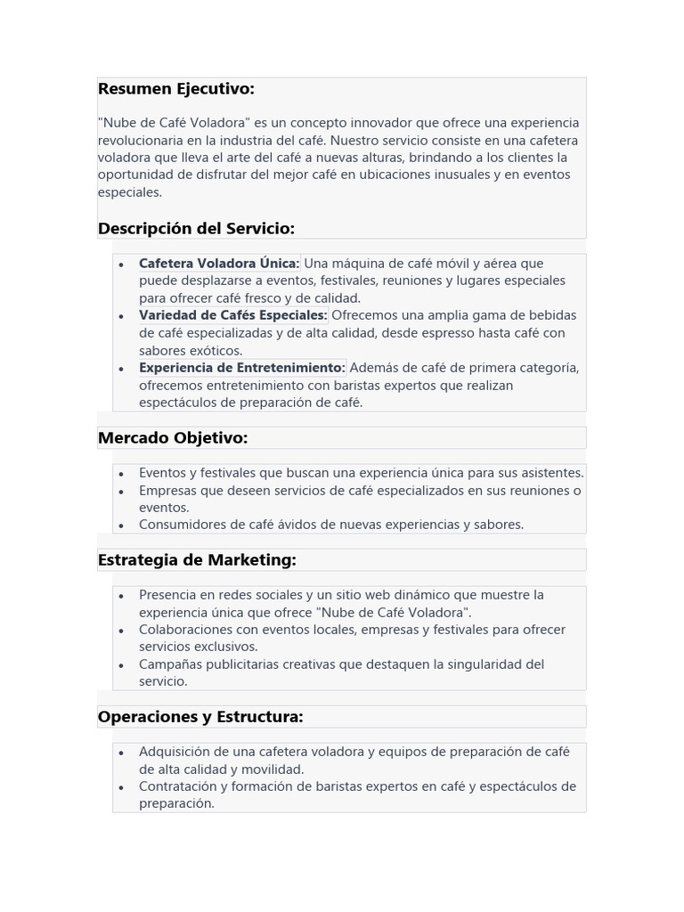 Plan de Empresa de Una Cafetera Voladora | PDF | café | Marketing