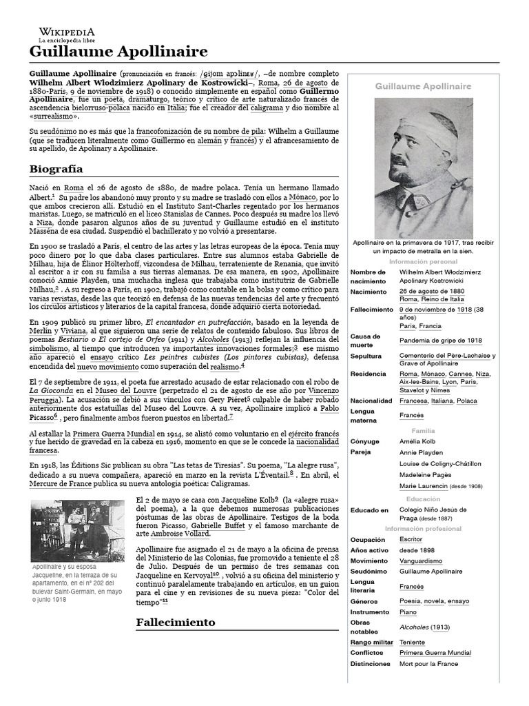 Guillaume Apollinaire Wikipedia, La Enciclopedia Libre PDF Las artes