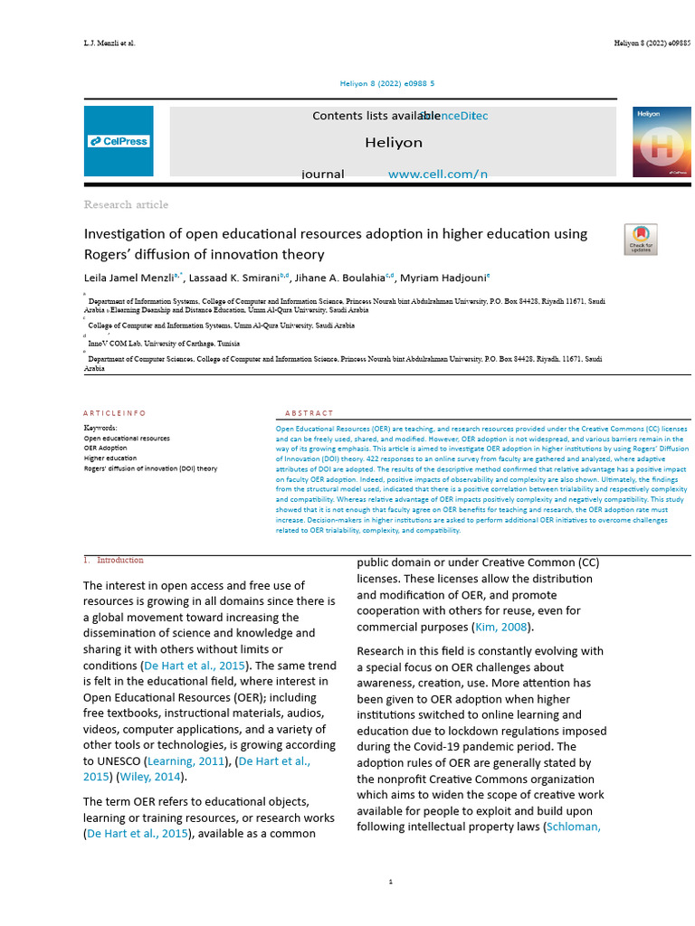 Investigation of Open Educational Resources Adoption in Higher ...