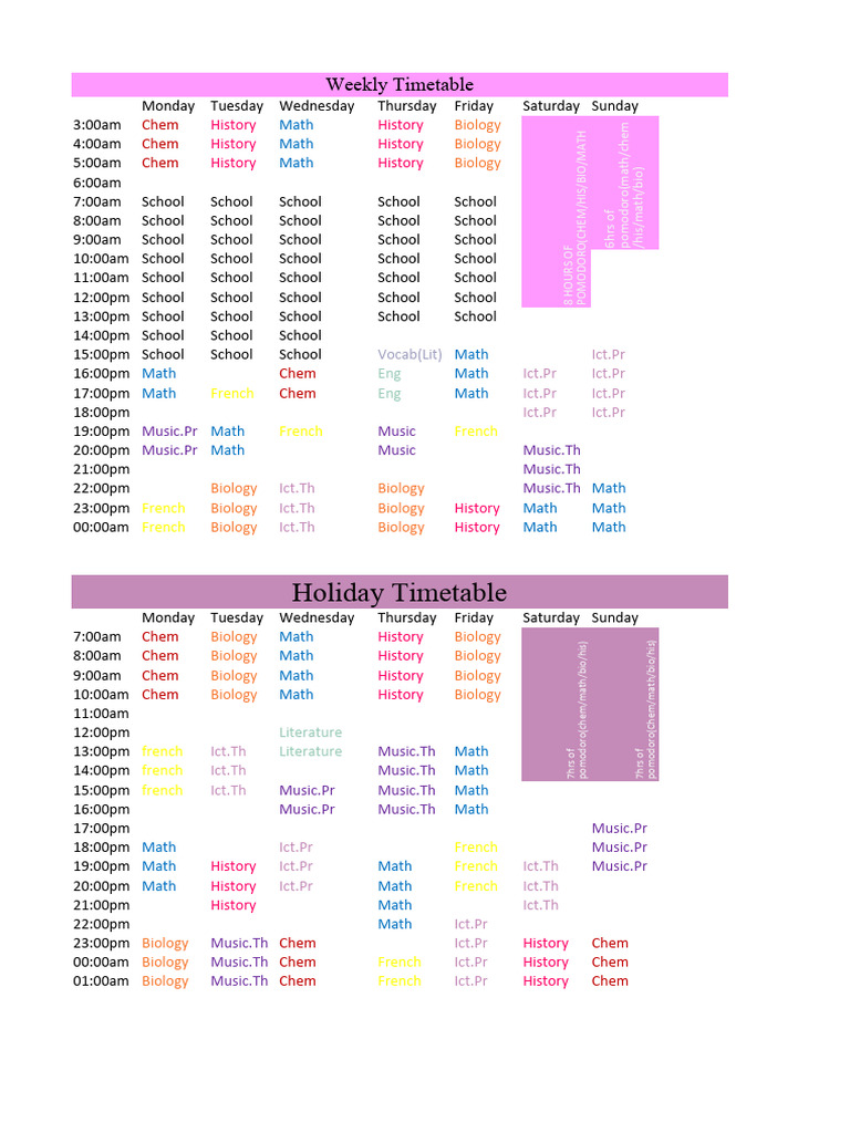 Weekly Timetable for 7th Grade Girls | PDF