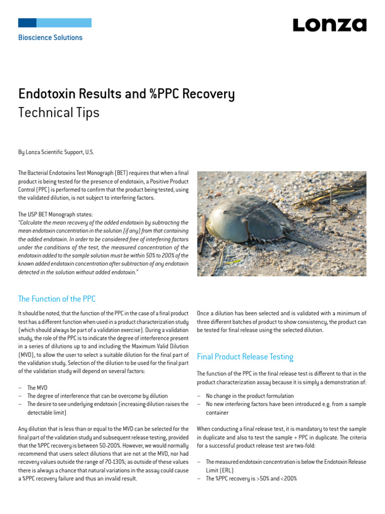 Lonza AppNotesTossSheets Endotoxin Results and PPC Recovery Technical