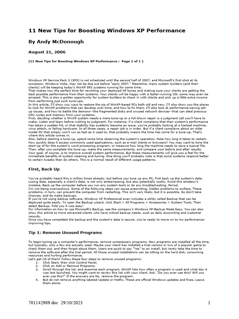 Windows XP Performance Tips | PDF | Windows Registry | Windows Xp