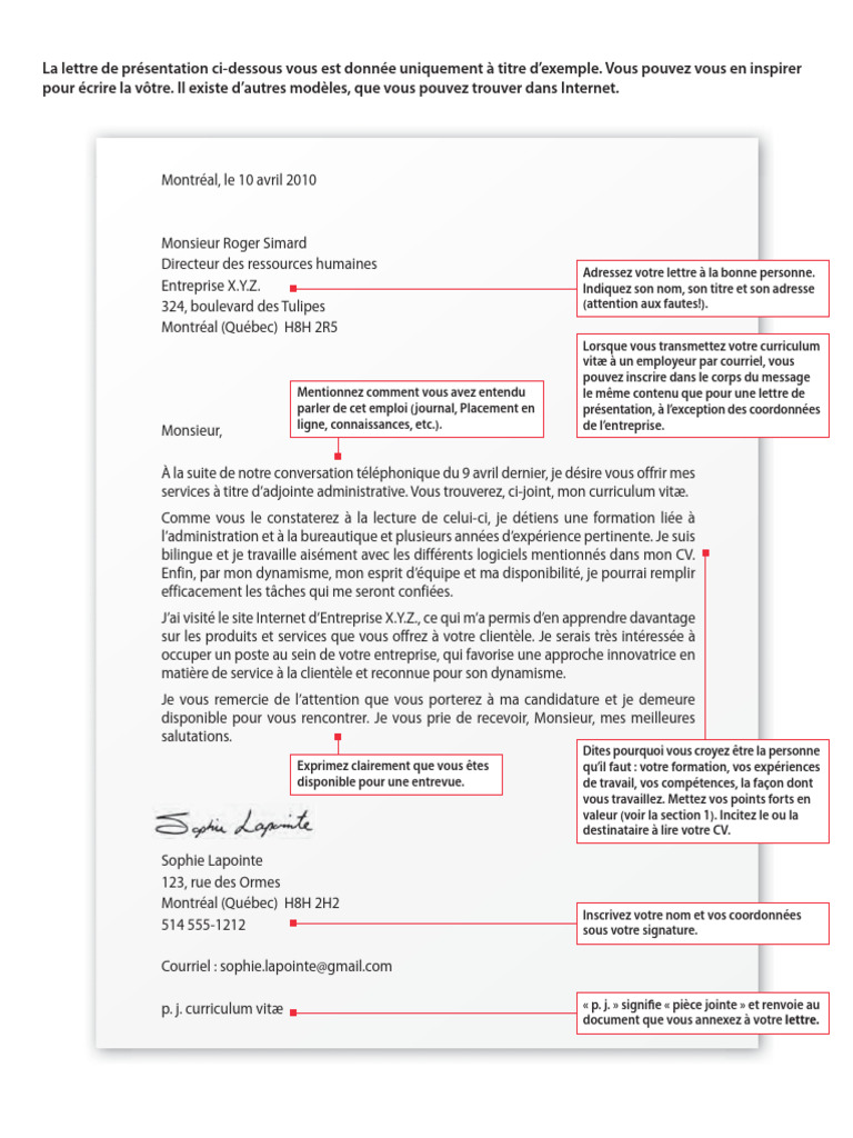 Lettre De Pr sentation Pour Emploi PDF