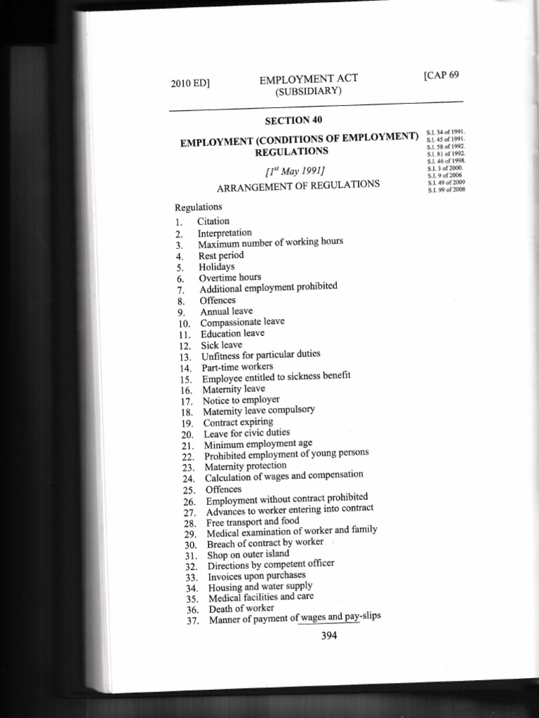 Employment (Conditions of Employment) Regulations 1991 (S.I. 34 of 1991) PDF Employment