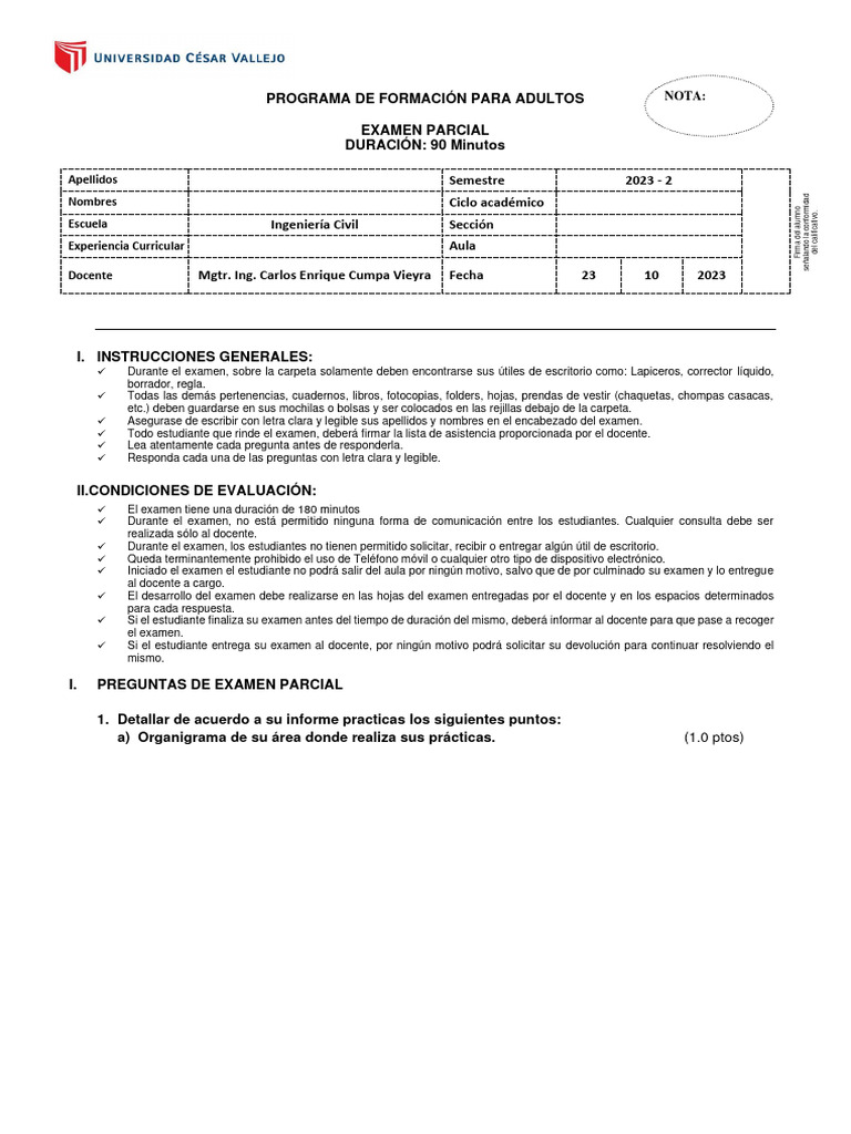 Examen Parcial de Ingeniería Civil 2023 | PDF