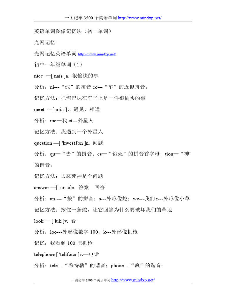 英语单词图像记忆法 (初一单词) | PDF