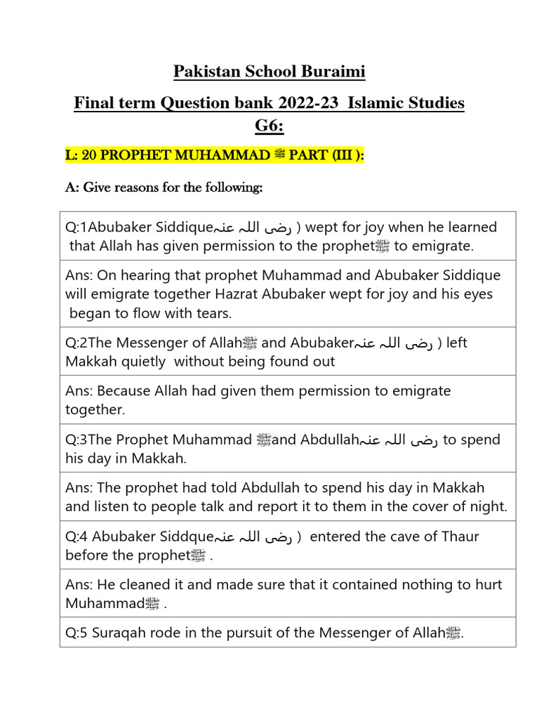 Final Term Question Bank G6 Islamic Studies+Nazra OK 2022-23 | PDF ...