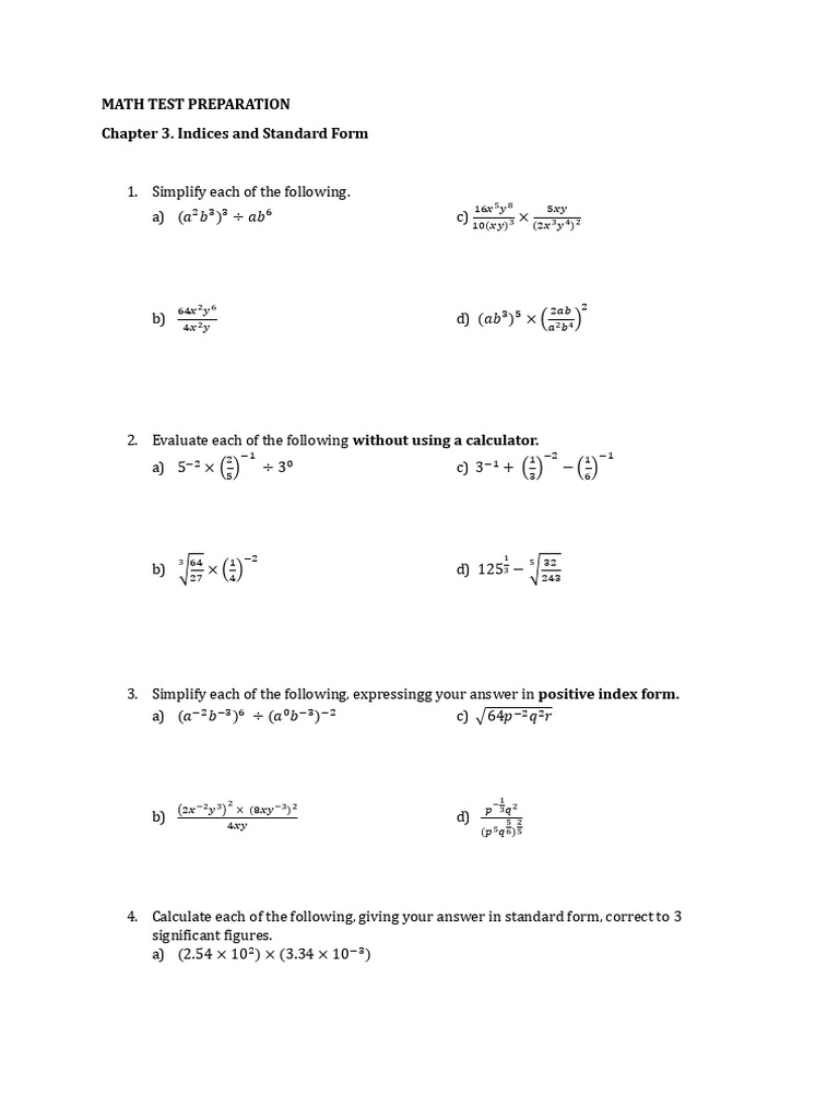 Grade 8 Indices and Standard Form Worksheet | PDF