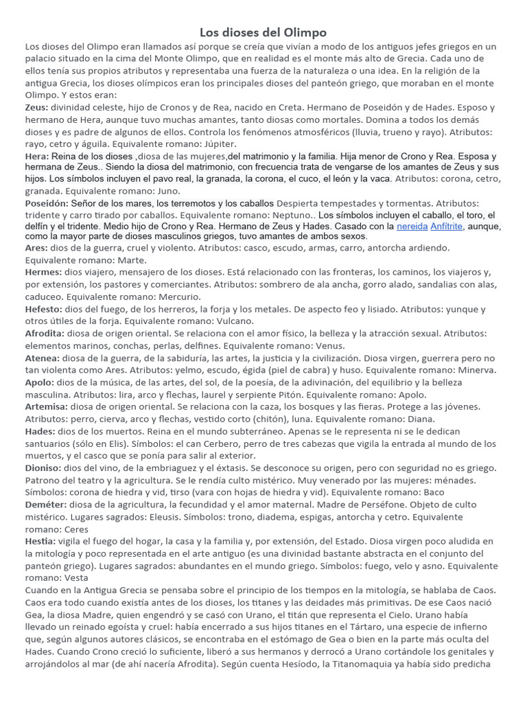 Atributos de los dioses del Olimpo | PDF | Zeus | Mitología griega