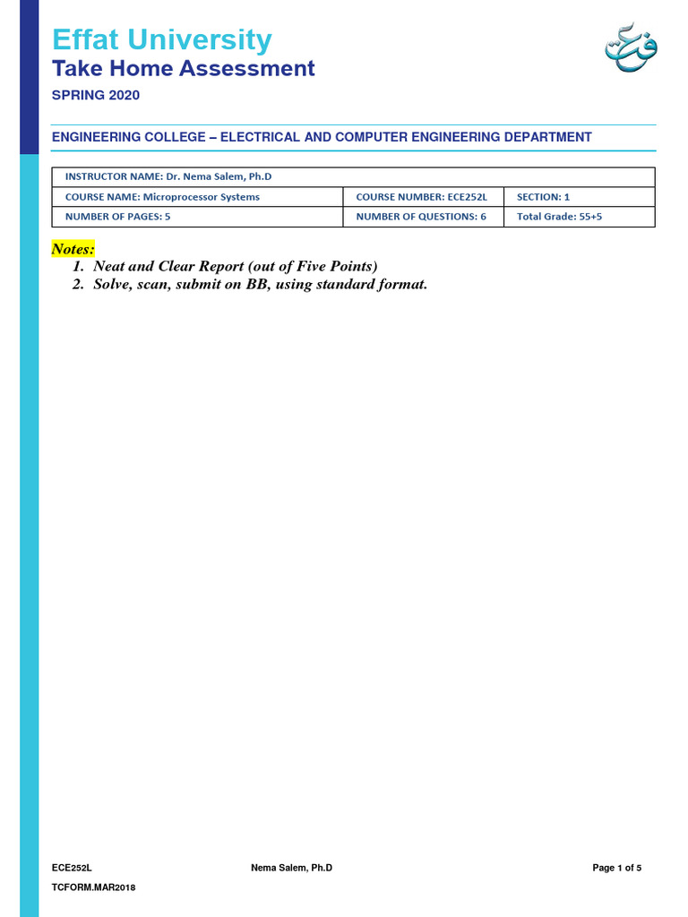 ECE252L Take Home Assessment S20 | PDF | Central Processing Unit ...