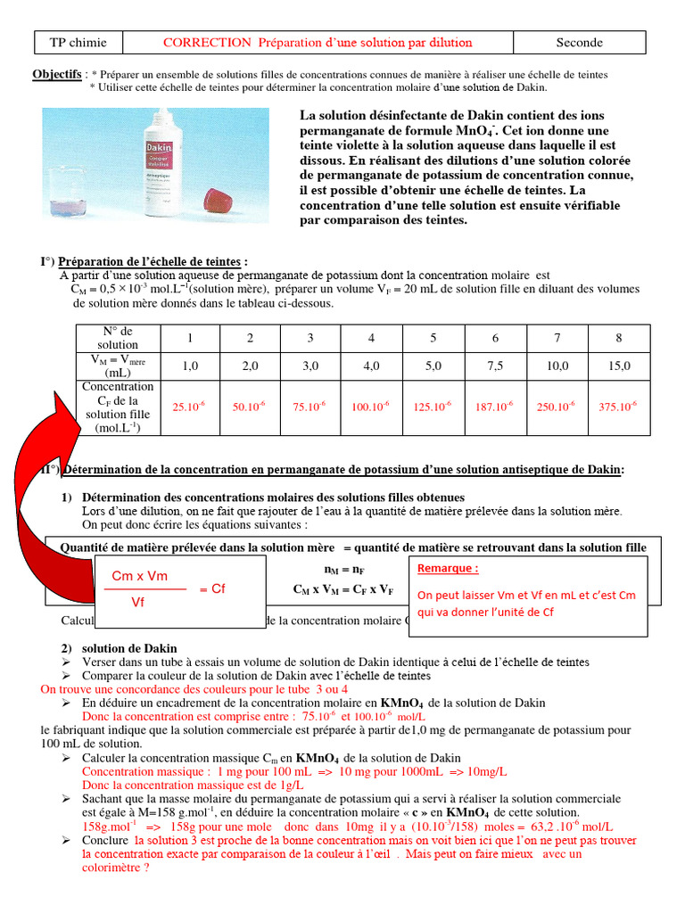 Dilution et échelle de teintes en chimie | PDF | Concentration molaire ...