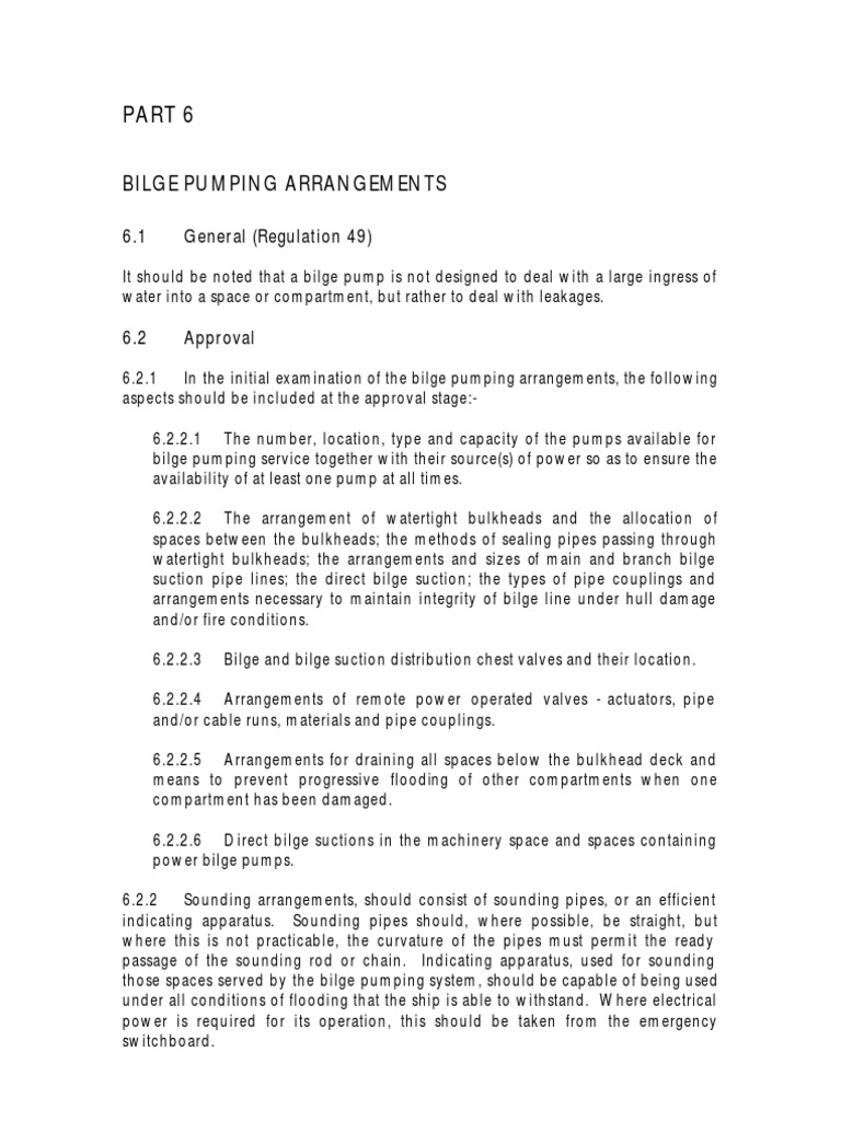 Bilge Pumping Arrangements Requirements for Approval, Pipe Layout, Valves, Pumps, and Other