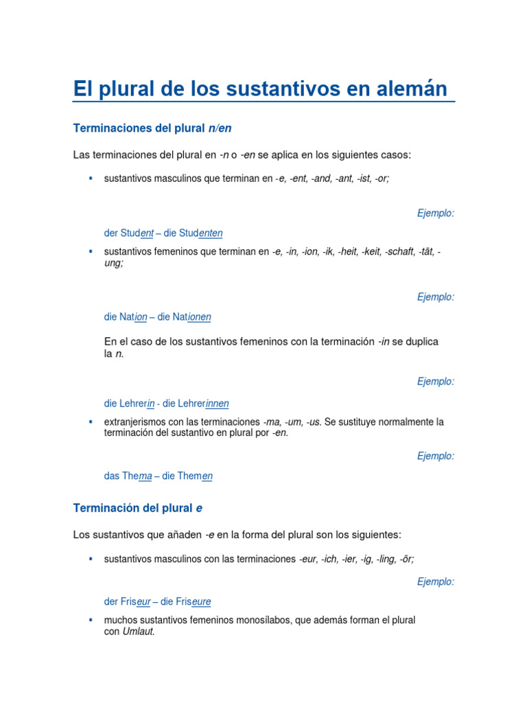El plural de los sustantivos en alemán PDF Sustantivo Lingüística