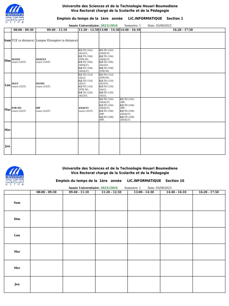 Emploi du temps L1 Informatique USTHB 2023-2024 | PDF