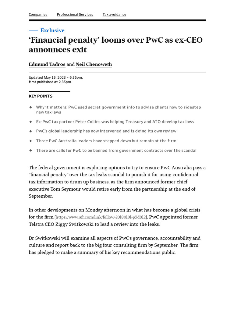 PWC Tax Leaks Former Australia CEO Tom Seymour To Exit, Ziggy