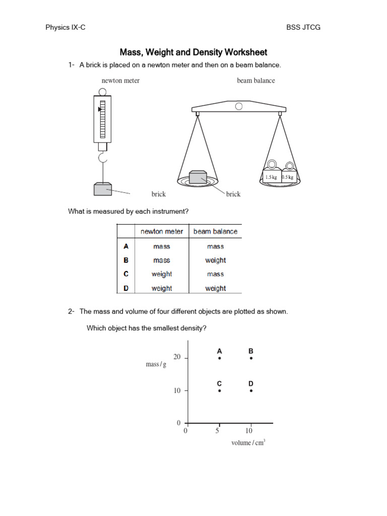 Mass Weight Density Worksheet 1 PDF Mass Density