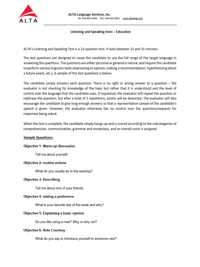 ALTA Listening and Speaking Test Overview | PDF | Question | Cognition