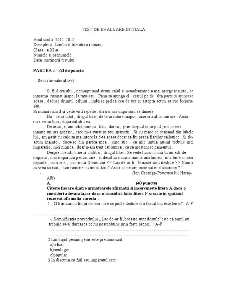 Test de Evaluare Initiala | PDF