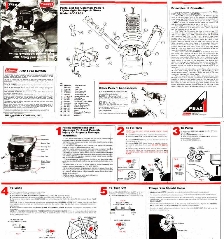 Coleman Peak 1 Lightweight Backpack Stove Model 400A701