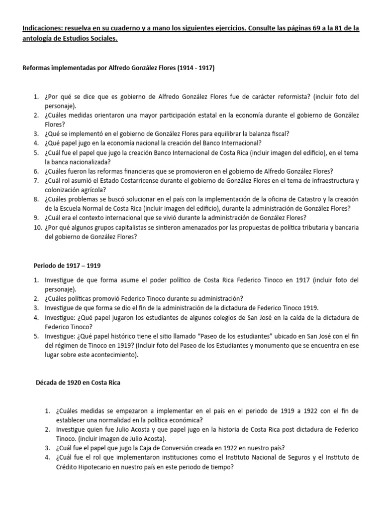 Guia de Trabajo Alfredo Gonzalez y Década de 1920 PDF Costa Rica