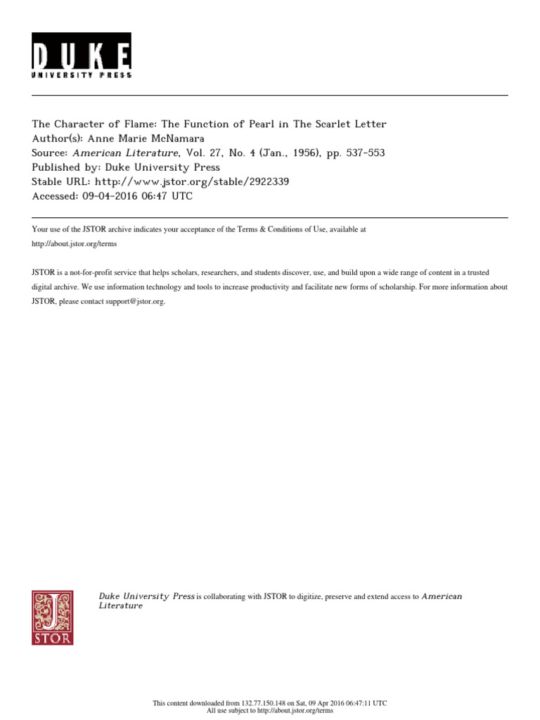 The Character of Flame: The Function of Pearl in The Scarlet Letter ...