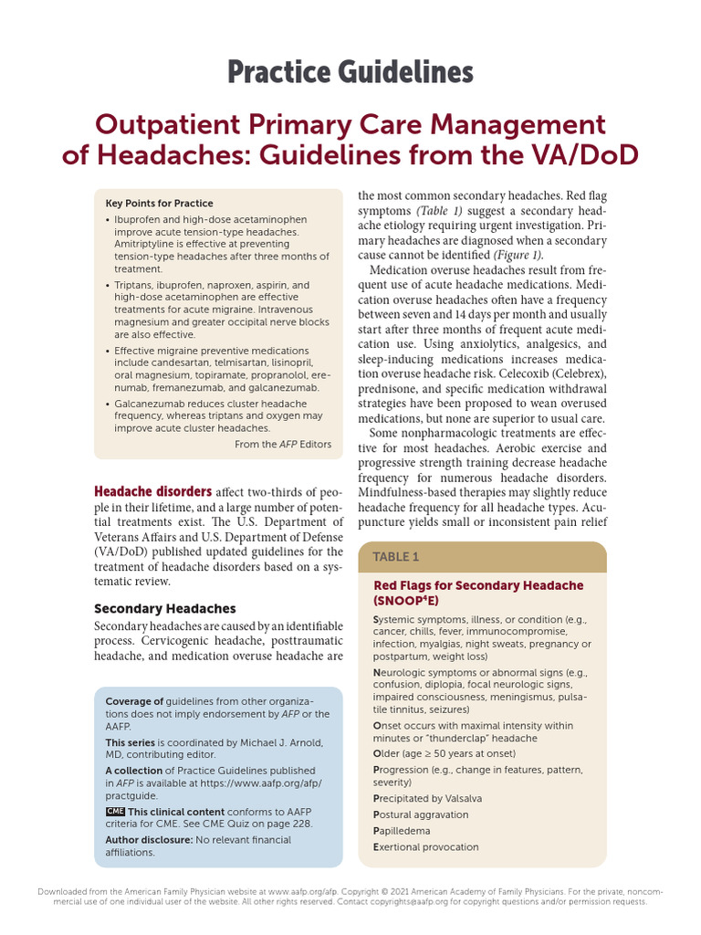 Outpatient Primary Care Management of Headaches Guidelines From The