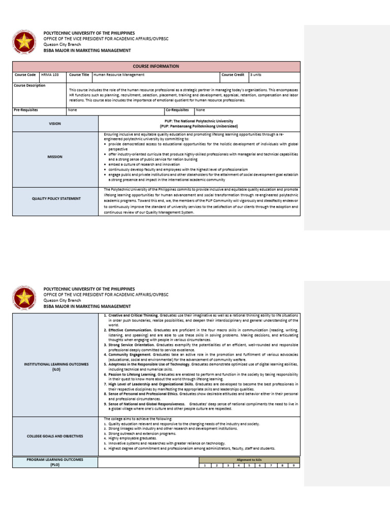 PUP HRM Course Overview and Syllabus | PDF | Human Resource Management ...