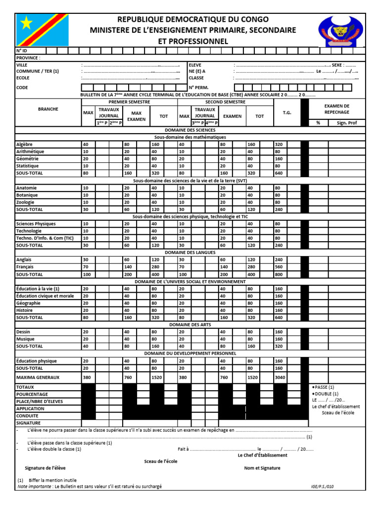 Bulletin Scolaire Vierge RDC 2023 | PDF | Science | Mathématiques