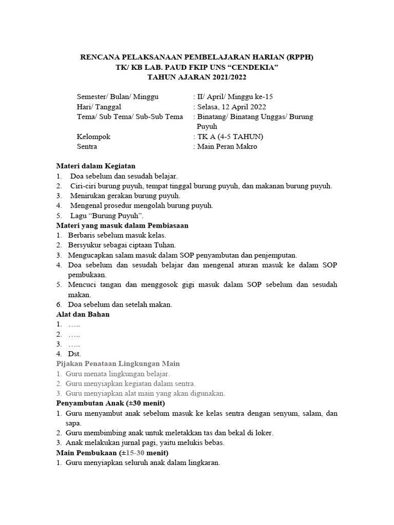 RPPH Sentra Bermain Peran Binatang | PDF | Karier & Perkembangan