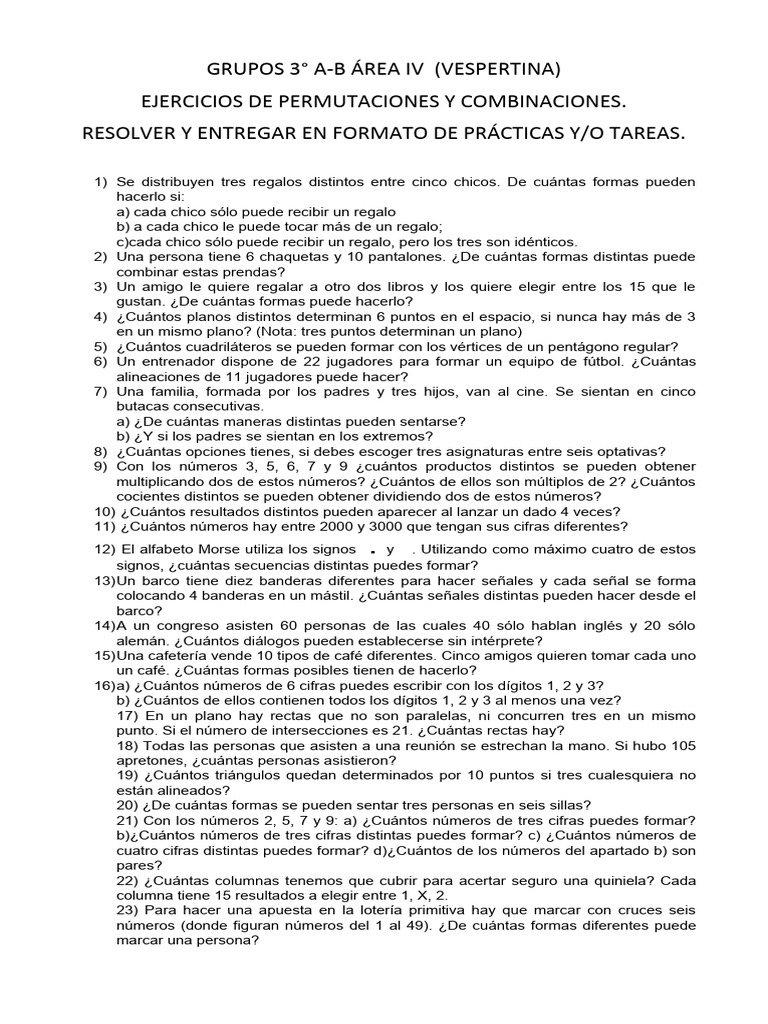 Ejercicios de Permutaciones y Combinaciones | PDF