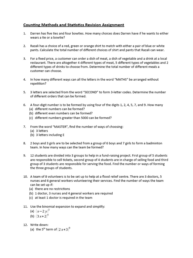 Counting Methods and Statistics Revision Assignment PDF