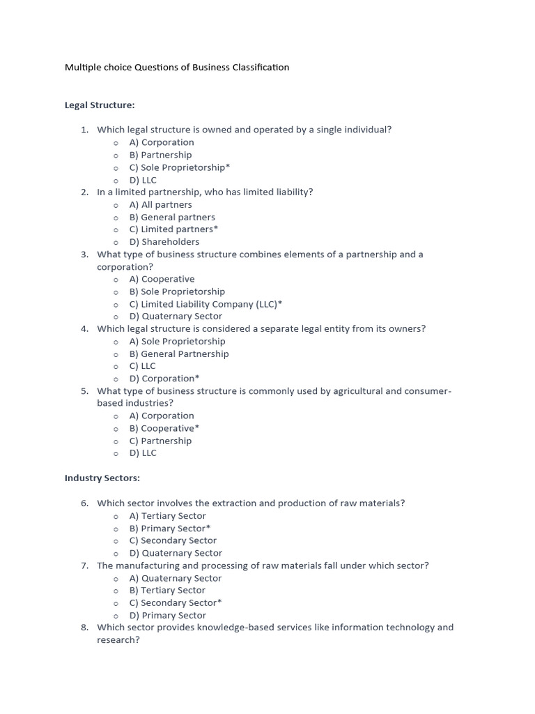 Multiple Choice Questions of Business Classification | PDF | Limited ...