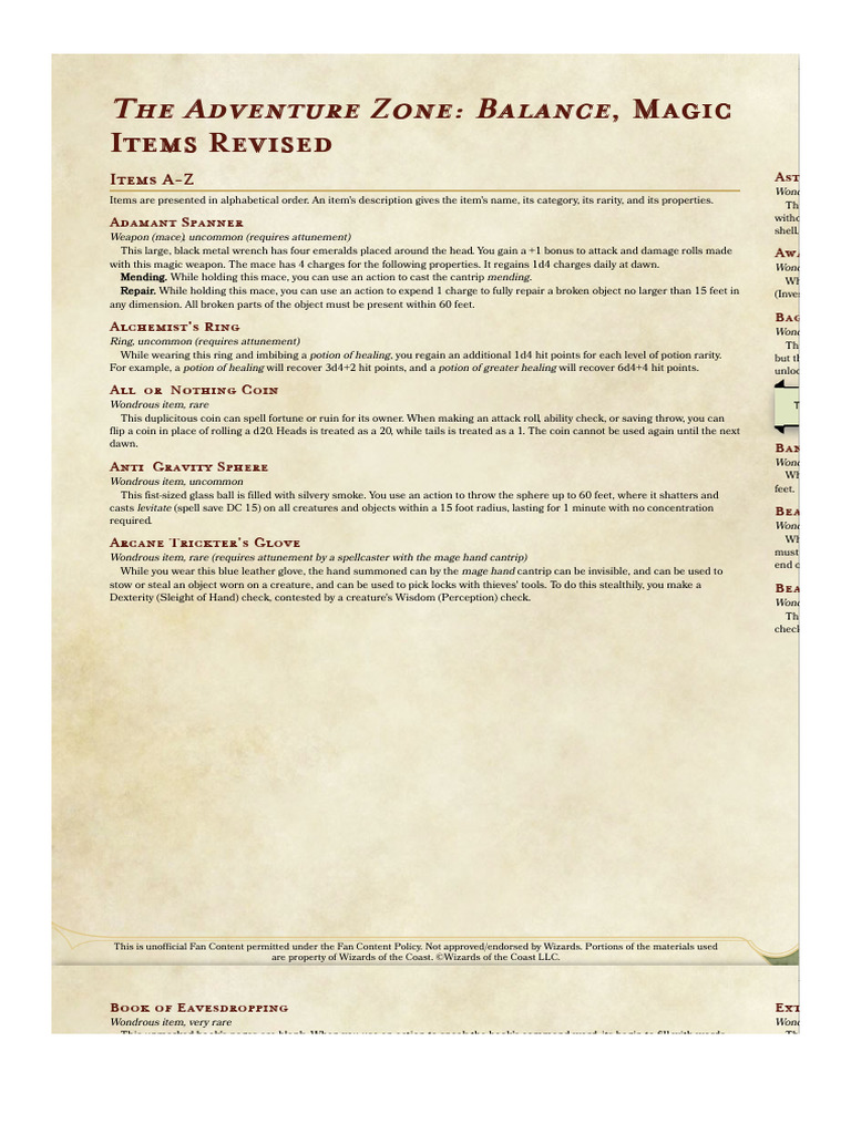 Adventure Zone Magic Items Overview | PDF