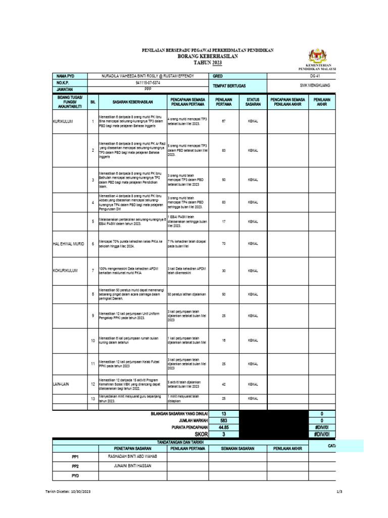 Borang Keberhasilan Jun 2023 Nuradila | PDF
