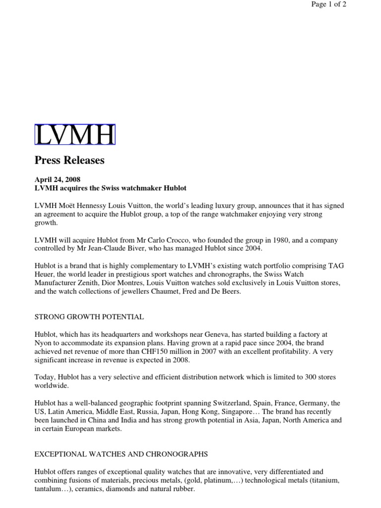 LVMH - Hublot, PDF, Fashion