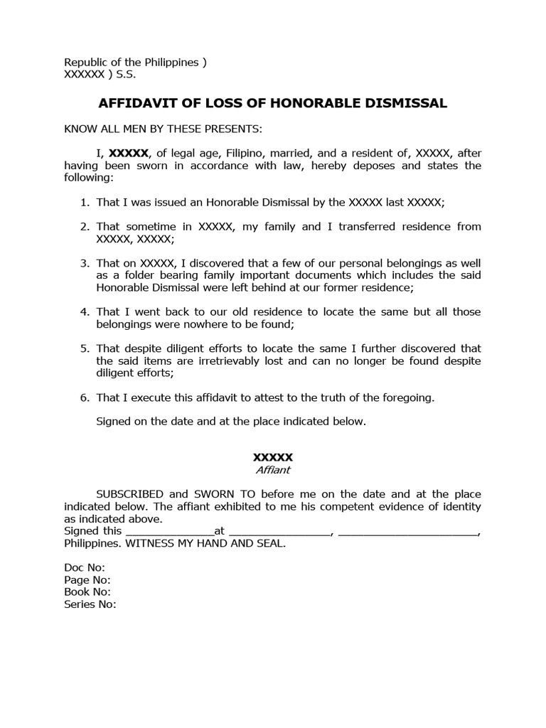 Affidavit of Loss of Honorable Dismissal PDF